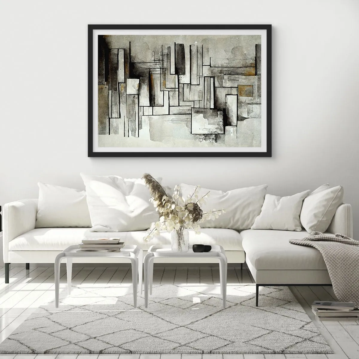 Poster in einem schwarzem Rahmen - Abstrakte Rechtecke in Grau- und Schwarztönen - 70x50cm - Kraft der Einfachheit - Moderne Wanddekoration für Wohnzimmer und Schlafzimmer ARTTOR