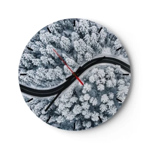Wanduhr - Glasuhr - Eine Vogelperspektive einer Straße, die sich durch einen schneebedeckten Winterwald schlängelt - 30x30cm - Durch den Winterwald - Moderne Wanddekoration für Wohnzimmer, Küche und Schlafzimmer ARTTOR