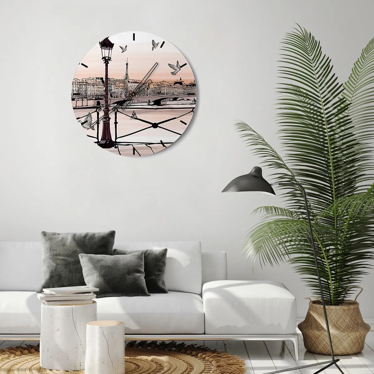 Wanduhr - Glasuhr - Eine Laterne, Tauben und das Panorama von Paris bei Sonnenuntergang - 30x30cm - Über den Dächern von Paris - Moderne Wanddekoration für Wohnzimmer, Küche und Schlafzimmer ARTTOR