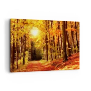 Bild auf Leinwand - Leinwandbild - Herbstwald mit Sonnenstrahlen, die durch die Bäume scheinen - 100x70cm - Goldener Herbst auf einer Forststraße - Moderne Wanddekoration für Wohnzimmer und Schlafzimmer ARTTOR