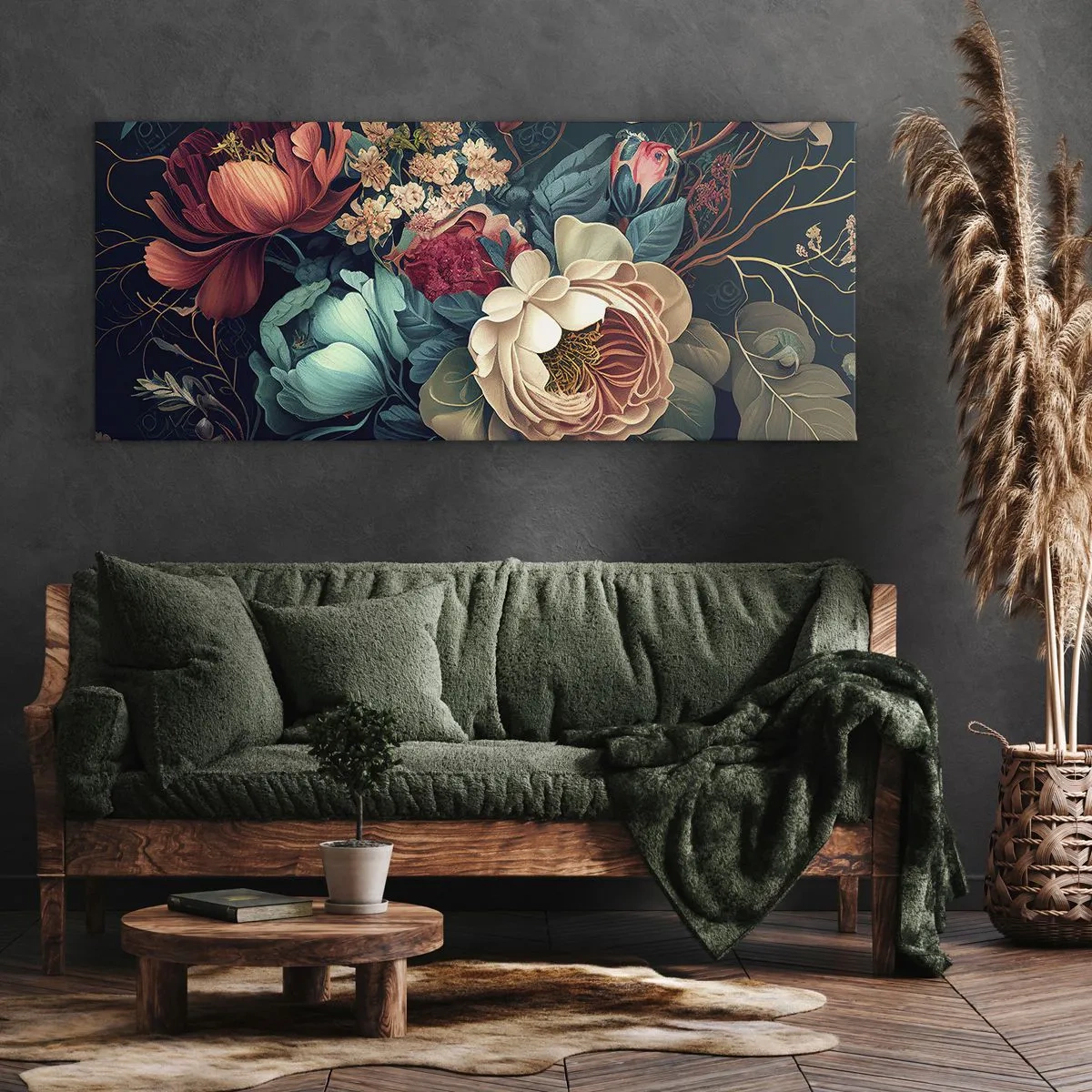 Bild auf Leinwand - Leinwandbild - Eine farbenfrohe Blumenkomposition auf dunklem Hintergrund - 160x50cm - Charme des 19. Jahrhunderts - Moderne Wanddekoration für Wohnzimmer und Schlafzimmer ARTTOR