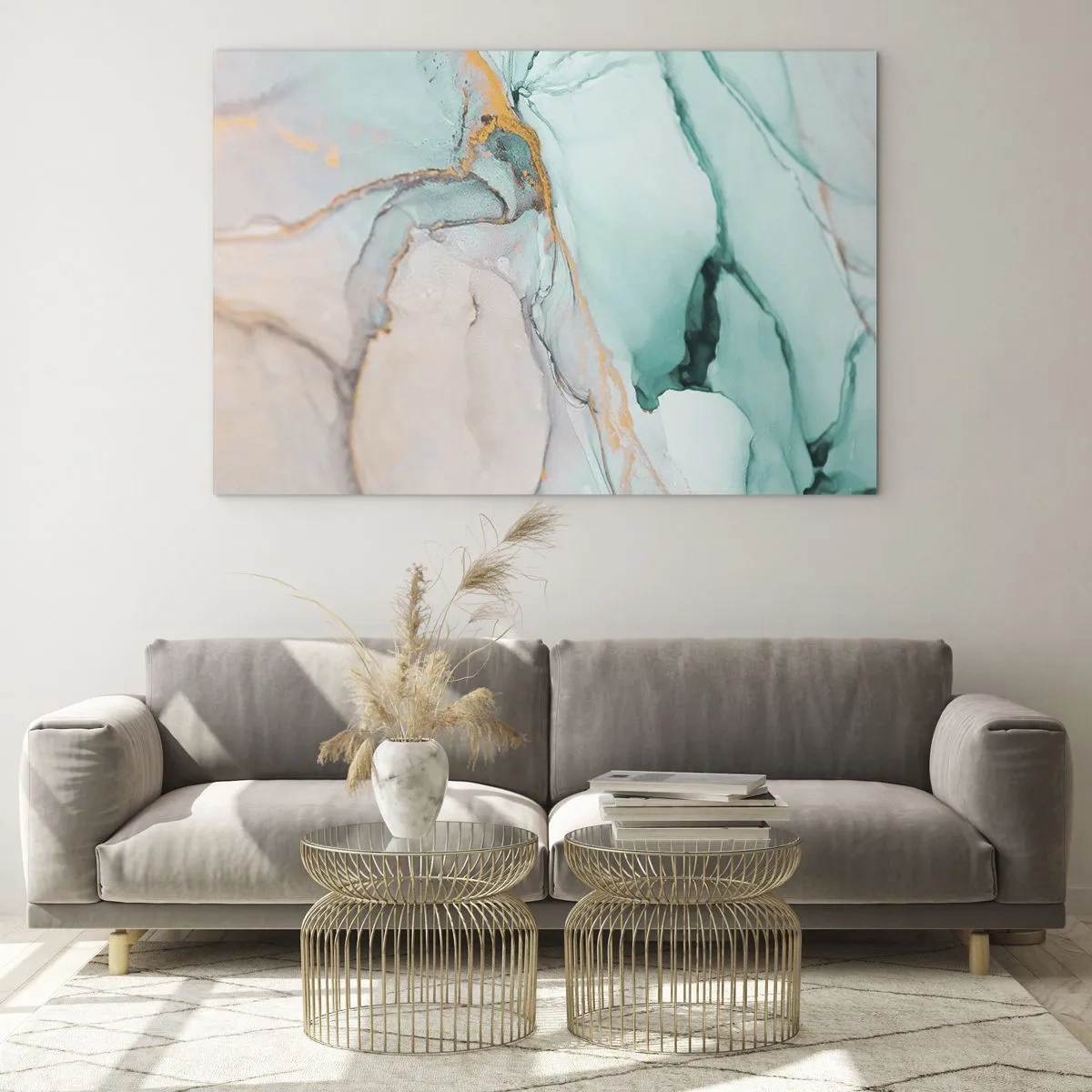 Glasbild - Bild auf glas - Eine abstrakte Komposition in Türkis- und Goldtönen. - 100x70cm - Ein Tanz der Formen und Farben - Moderne Wanddekoration für Wohnzimmer und Schlafzimmer ARTTOR