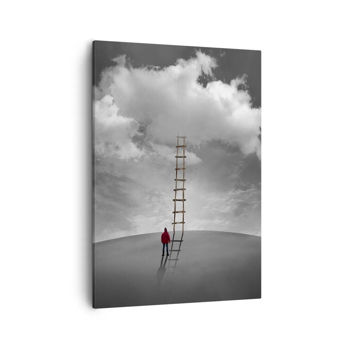 Bild auf Leinwand - Leinwandbild - Eine Person in einem roten Mantel und eine Leiter, die zu einer Wolke führt - 50x70cm - Alles ist möglich - Moderne Wanddekoration für Wohnzimmer und Schlafzimmer ARTTOR