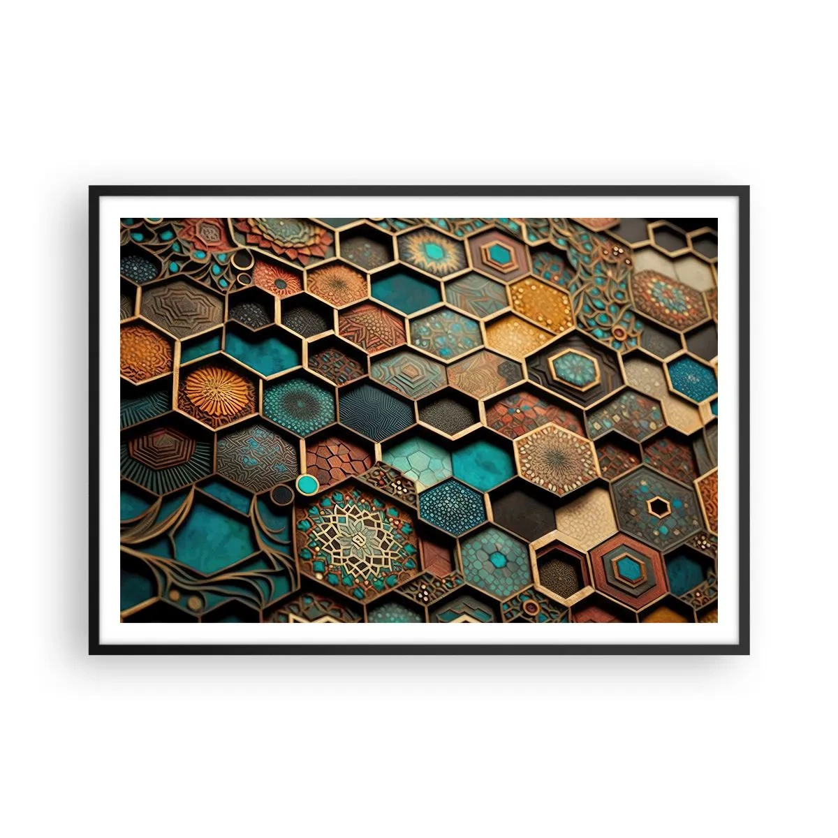 Poster in einem schwarzem Rahmen - Bunte Ornamente in sechseckigen Mustern - 100x70cm - Arabische Ornamente – Variation - Moderne Wanddekoration für Wohnzimmer und Schlafzimmer ARTTOR
