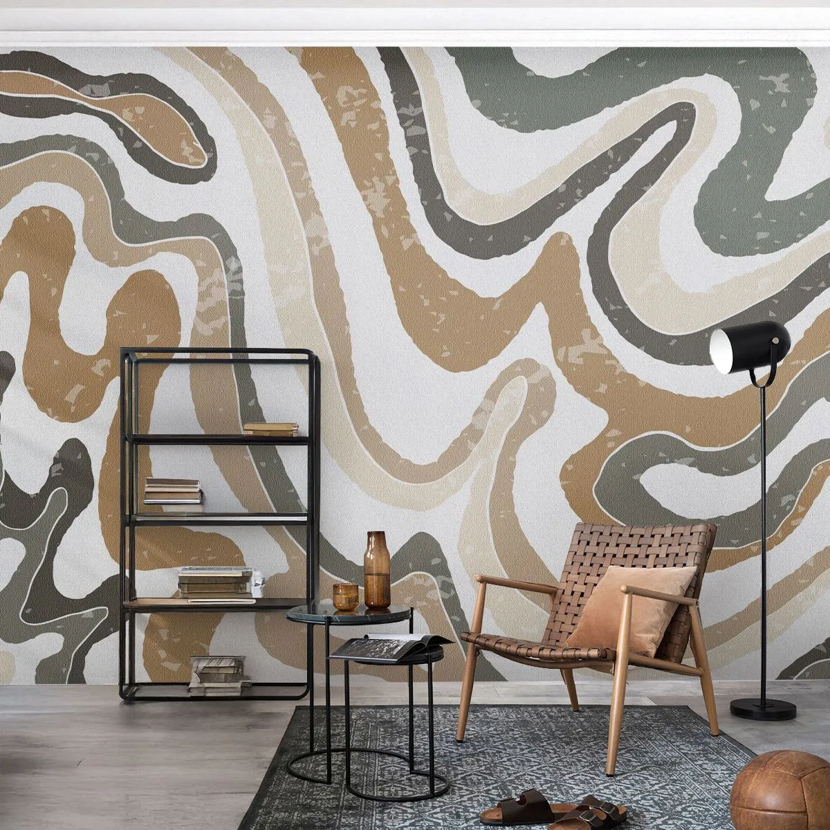 Fototapete Premium Sand - Organische Linien in Braun-, Beige- und Grüntönen - 100x70cm - Mäander in Erdfarben - Moderne Wanddekoration für Wohnzimmer und Schlafzimmer ARTTOR