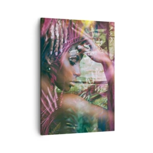Bild auf Leinwand - Leinwandbild - Porträt einer Frau, umgeben von exotischer Vegetation - 50x70cm - Mutter Natur im Dschungel - Moderne Wanddekoration für Wohnzimmer und Schlafzimmer ARTTOR