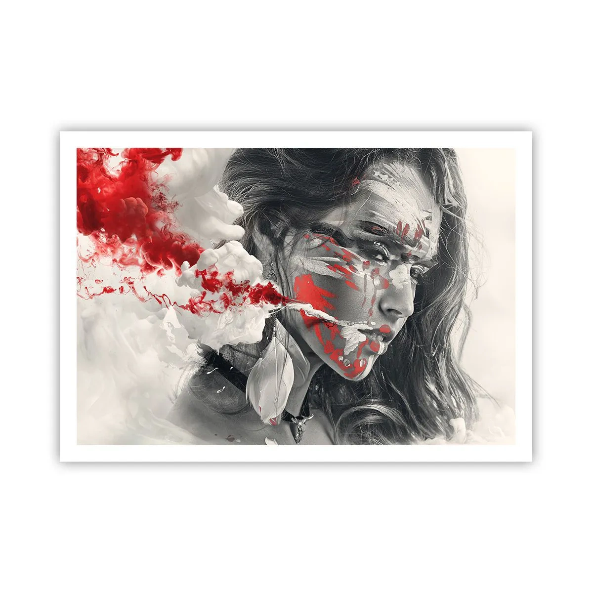 Poster - Künstlerisches Frauenportrait mit abstrakten roten Akzenten - 100x70cm - Im Dunst der Absurdität - Moderne Wanddekoration für Wohnzimmer und Schlafzimmer ARTTOR