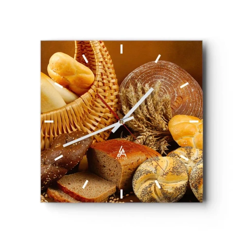 Wanduhr - Glasuhr - Verschiedene Brotsorten in einem Weidenkorb auf goldenem Hintergrund - 30x30cm - Wir sind wieder davongekommen - Moderne Wanddekoration für Wohnzimmer und Schlafzimmer ARTTOR