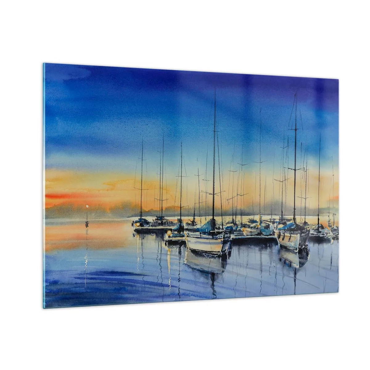 Glasbild - Bild auf glas - Segelboote im Hafen bei Sonnenuntergang - 100x70cm - Ende eines guten Tages - Moderne Wanddekoration für Wohnzimmer und Schlafzimmer ARTTOR