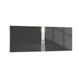 Glasbild - Bild auf glas - Ein Mann steht im Licht eines schmalen Schlitzes in einem dunklen Raum - 140x50cm - Ein Schritt in eine strahlende Zukunft - Moderne Wanddekoration für Wohnzimmer und Schlafzimmer ARTTOR
