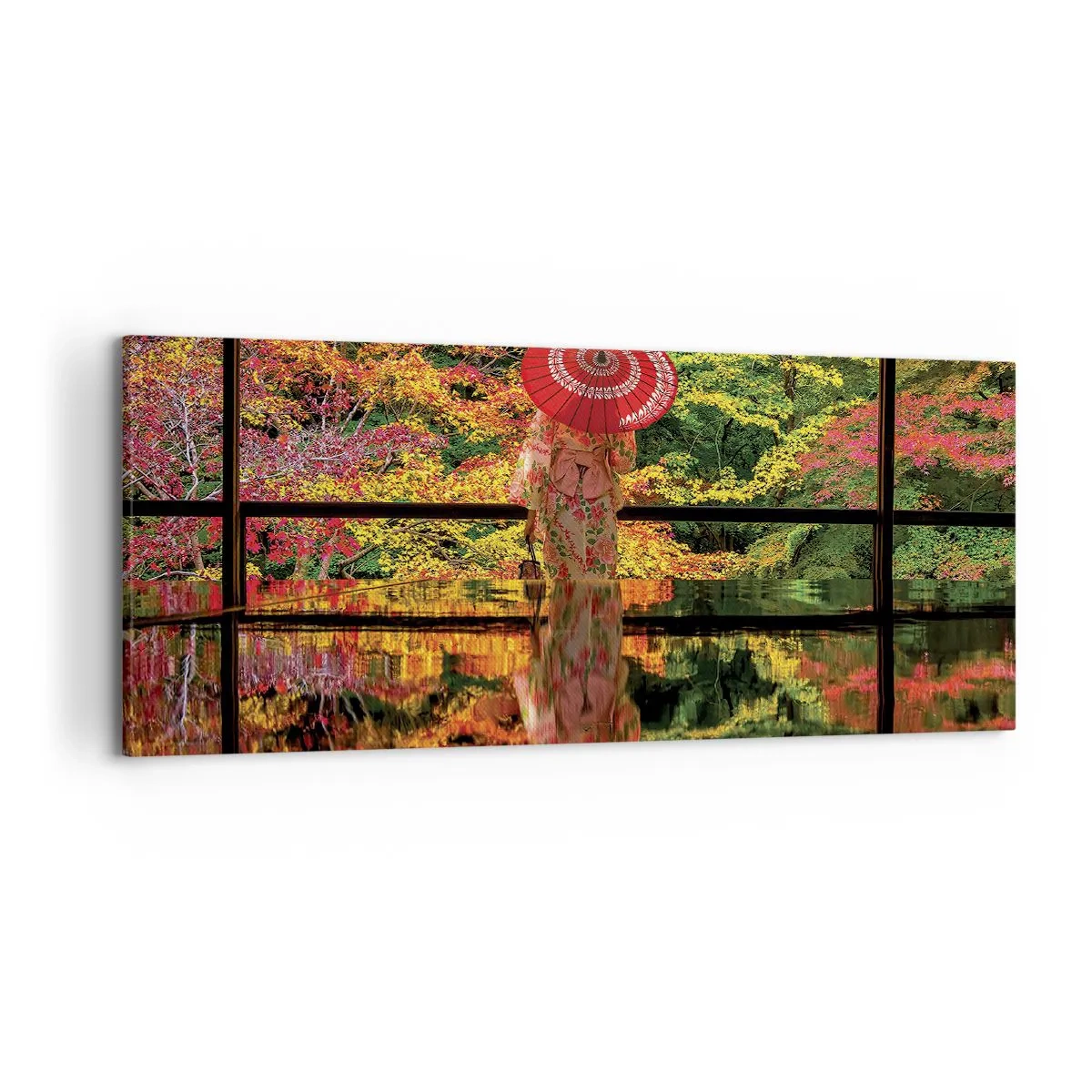 Bild auf Leinwand - Leinwandbild - Eine Frau im Kimono mit Regenschirm vor dem Hintergrund einer Herbstlandschaft. - 120x50cm - Im Tempel der Natur - Moderne Wanddekoration für Wohnzimmer und Schlafzimmer ARTTOR