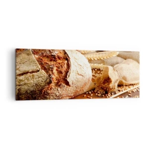 Bild auf Leinwand - Leinwandbild - Knuspriges Brot mit Körnern und Weizenähren auf Holzhintergrund - 140x50cm - Appetitanregend, duftend, knackig - Moderne Wanddekoration für Wohnzimmer und Schlafzimmer ARTTOR
