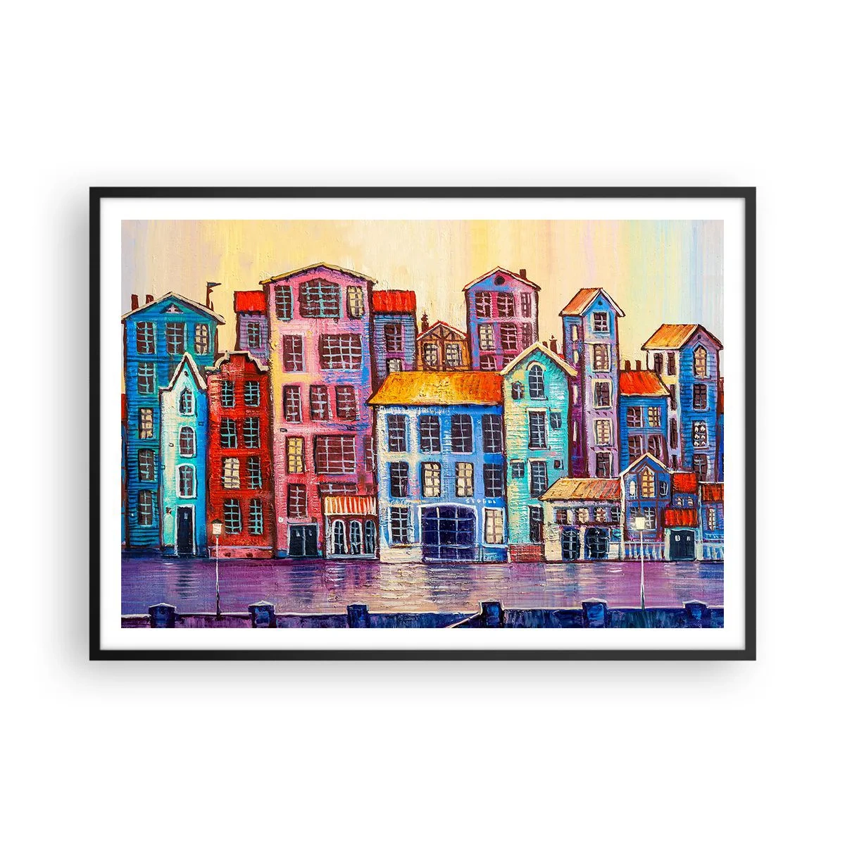 Poster in einem schwarzem Rahmen - Bunte Mietshäuser am Wasser im künstlerischen Stil - 100x70cm - Stadt wie aus einem Märchen - Moderne Wanddekoration für Wohnzimmer und Schlafzimmer ARTTOR