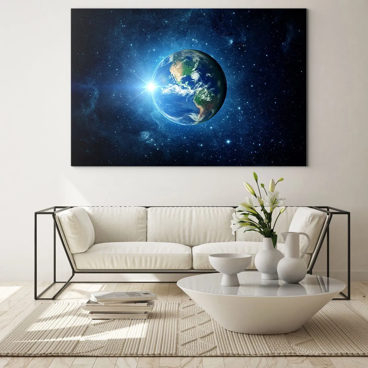 Glasbild - Bild auf glas - Erde aus dem Weltraum mit Lichtstrahlen gesehen - 70x50cm - Wir sind im Himmel - Moderne Wanddekoration für Wohnzimmer und Schlafzimmer ARTTOR