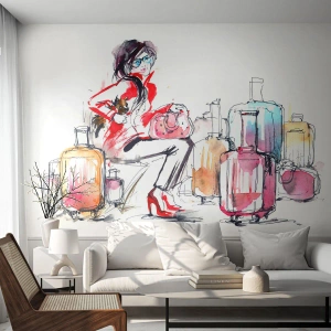 Fototapete Premium Canvas - Setzen wir uns vor der Reise hin - Frau, Reise, Koffer - 400x280 cm