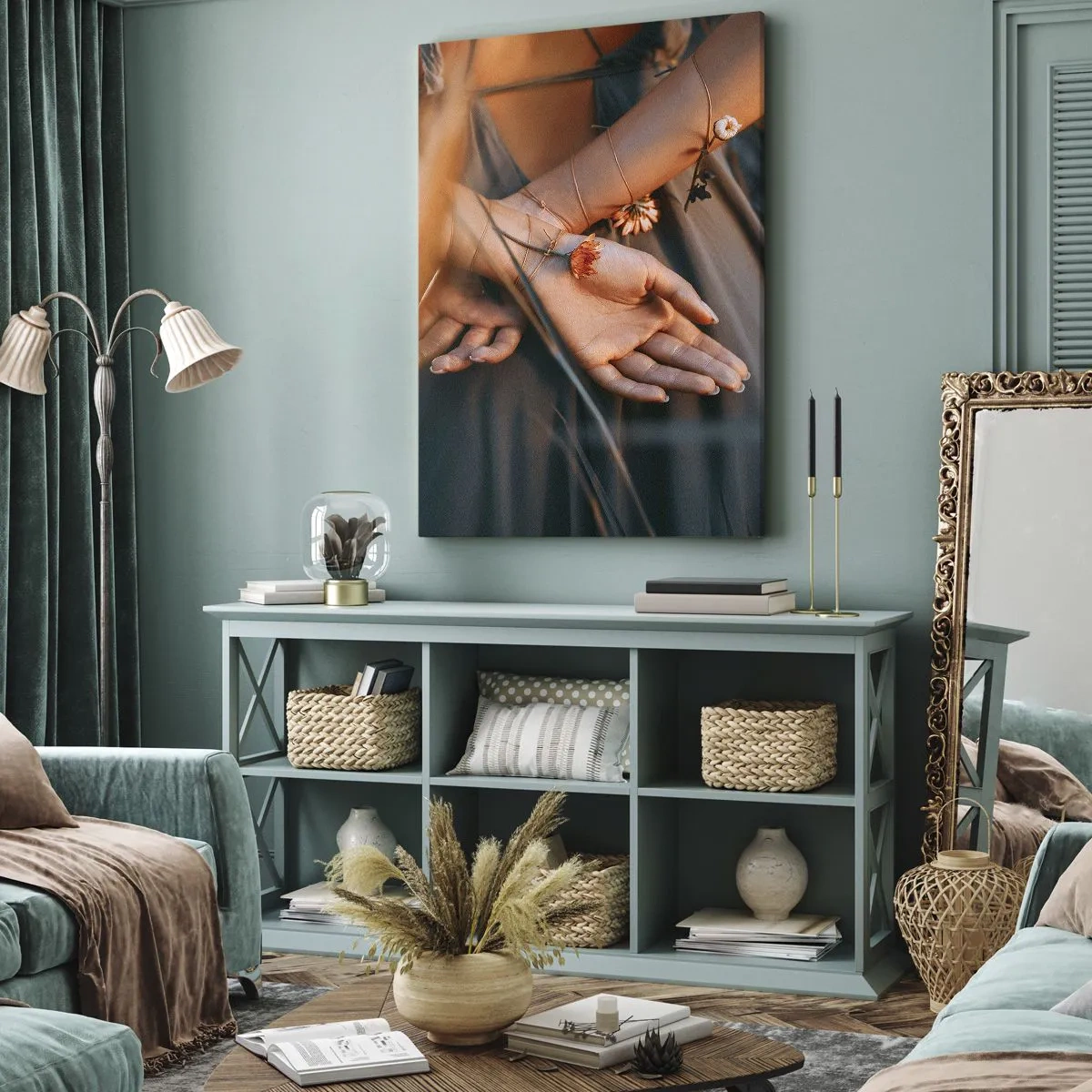 Bild auf Leinwand - Leinwandbild - Sinnliche Hände mit Blumen in einer natürlichen Umgebung - 70x100cm - Verbunden mit der Natur - Moderne Wanddekoration für Wohnzimmer und Schlafzimmer ARTTOR