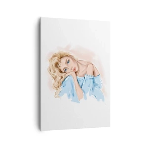 Bild auf Leinwand - Leinwandbild - Porträt einer Frau in einem blauen Kleid mit blonden Haaren - 70x100cm - Verträumt im Blau - Moderne Wanddekoration für Wohnzimmer und Schlafzimmer ARTTOR