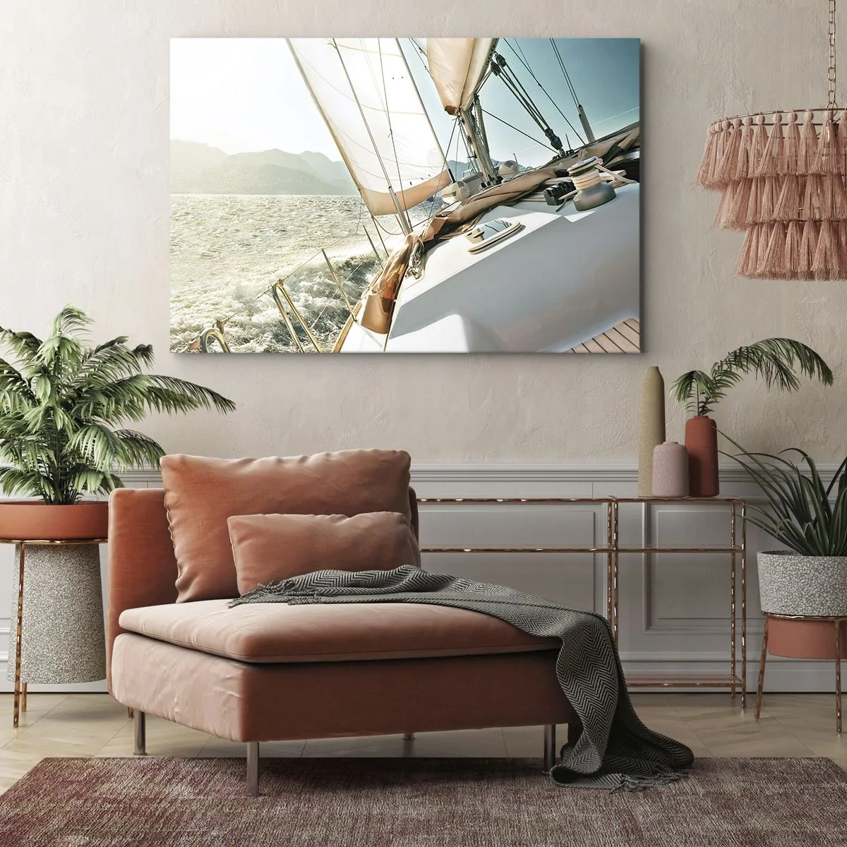 Bild auf Leinwand - Leinwandbild - Eine Yacht auf offener See mit Blick auf die Berge - 70x50cm - Unter vollen Segeln - Moderne Wanddekoration für Wohnzimmer und Schlafzimmer ARTTOR