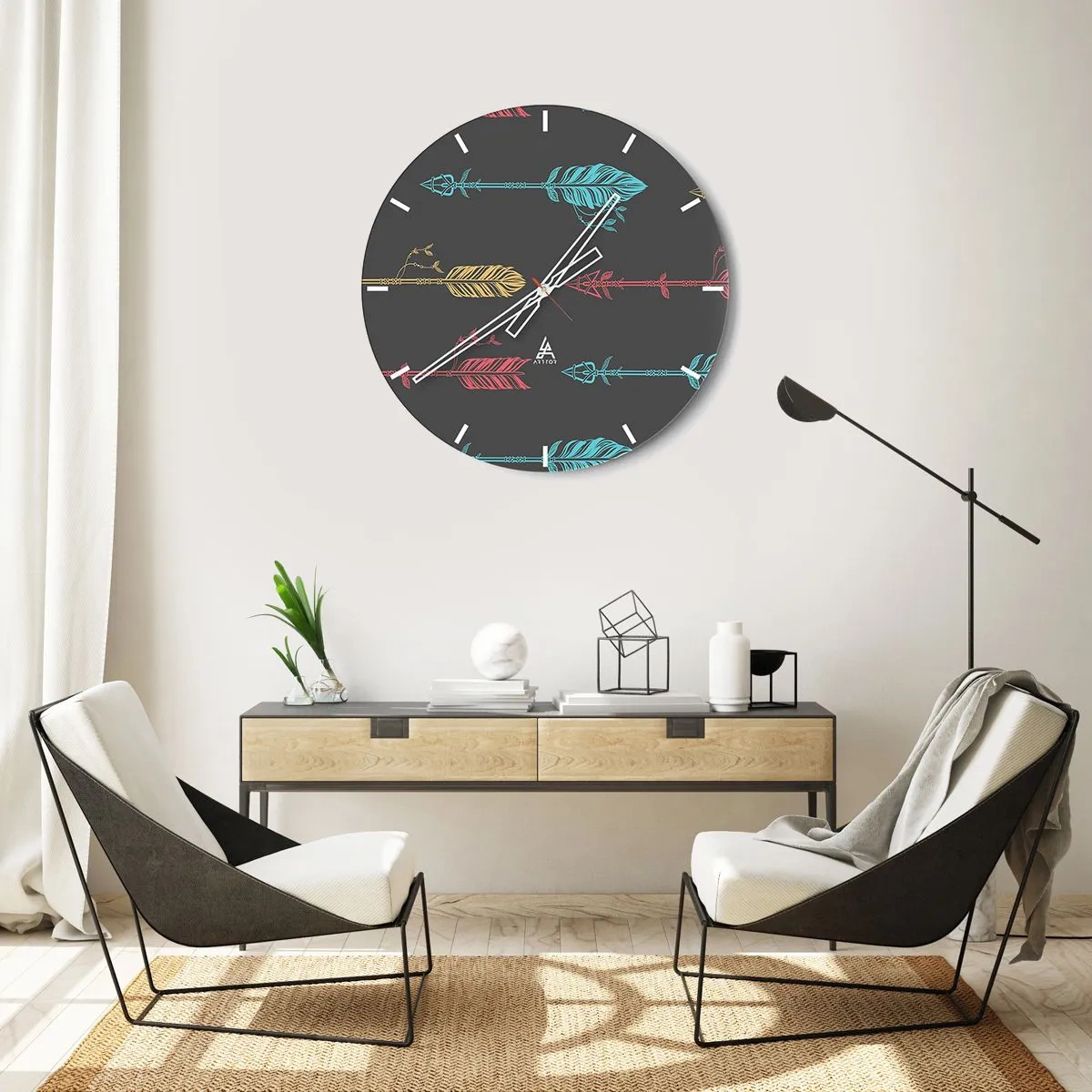 Wanduhr - Glasuhr - Bunte Pfeile auf dunkelgrauem Hintergrund - 30x30cm - In der Verordnung - Moderne Wanddekoration für Wohnzimmer, Küche und Schlafzimmer ARTTOR