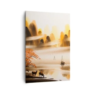 Bild auf Leinwand - Leinwandbild - Eine orientalische Landschaft mit Fluss, Bergen und sanftem Nebel. - 70x100cm - Weiter als im Fernosten - Moderne Wanddekoration für Wohnzimmer und Schlafzimmer ARTTOR