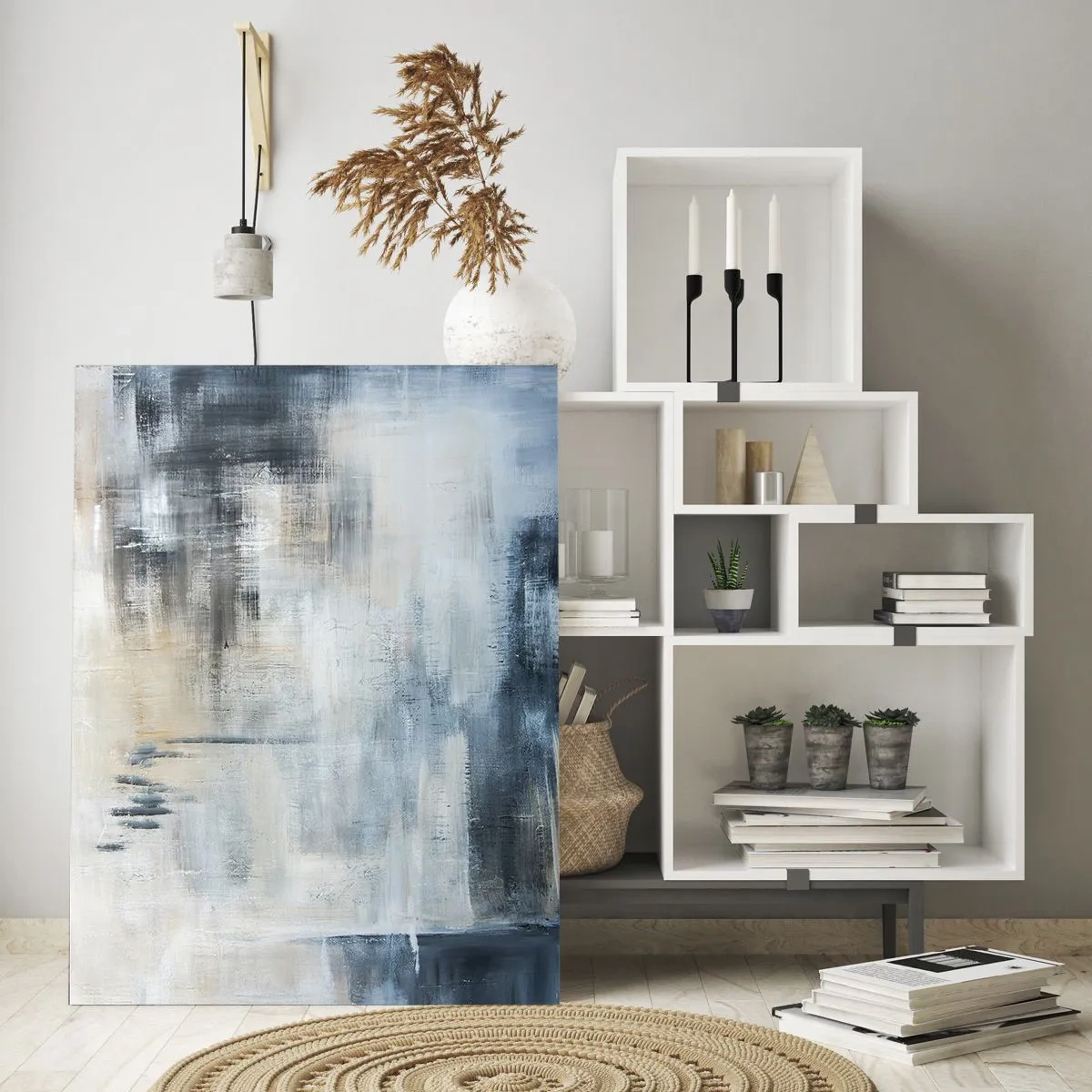 Glasbild - Bild auf glas - Abstrakte Komposition in Blau- und Grautönen - 50x70cm - Hinter dem blauen Vorhang - Moderne Wanddekoration für Wohnzimmer und Schlafzimmer ARTTOR