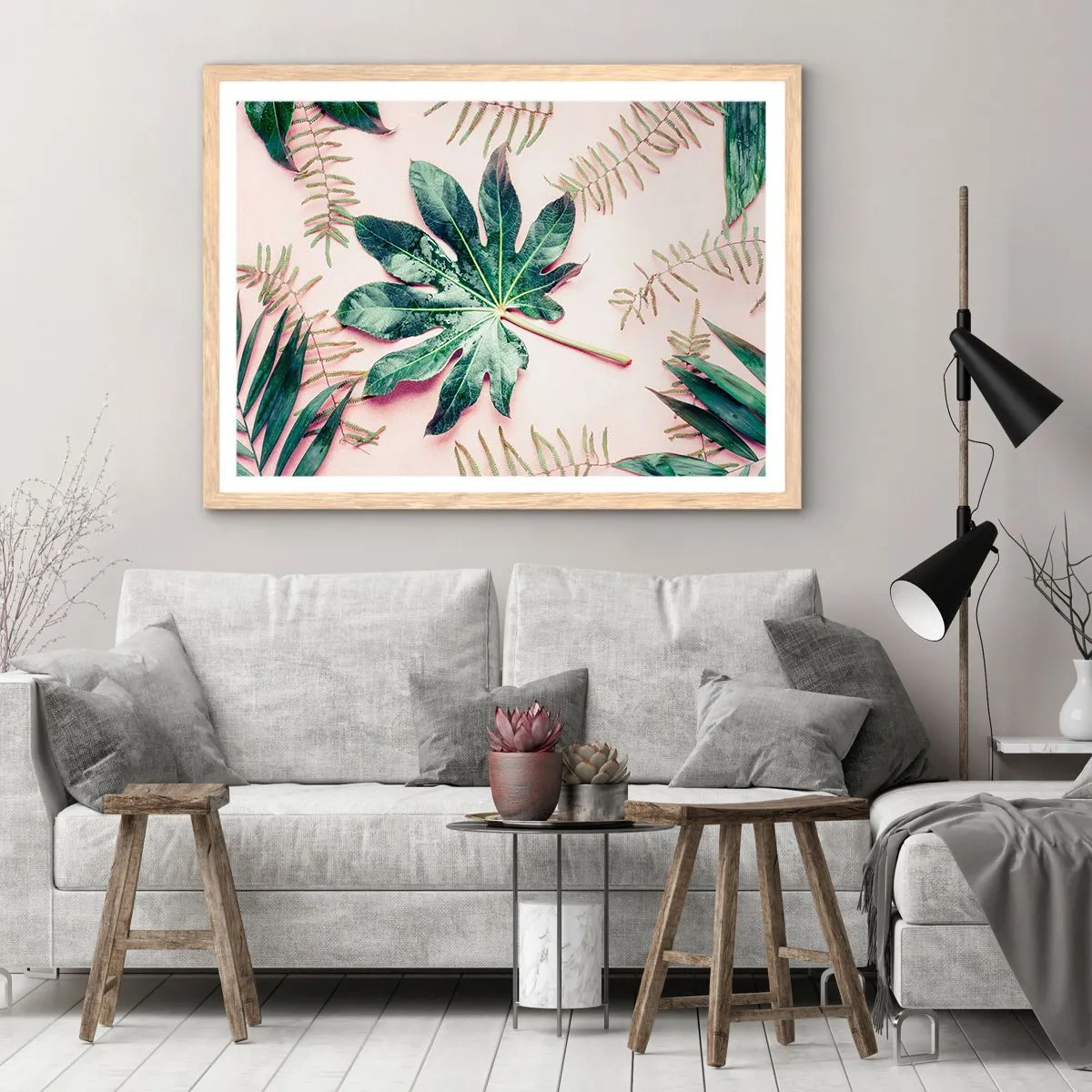 Poster in einem Rahmen aus heller Eiche - Eine Studie von Grün auf einem rosa Hintergrund - 100x70 cm