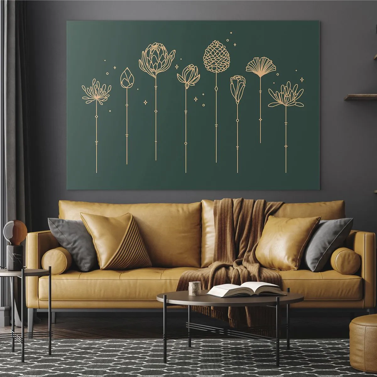 Glasbild - Bild auf glas - Goldene Umrisse von Kräutern und Blumen auf dunkelgrünem Hintergrund - 70x50cm - Familie ZIÓŁkowski - Moderne Wanddekoration für Wohnzimmer und Schlafzimmer ARTTOR