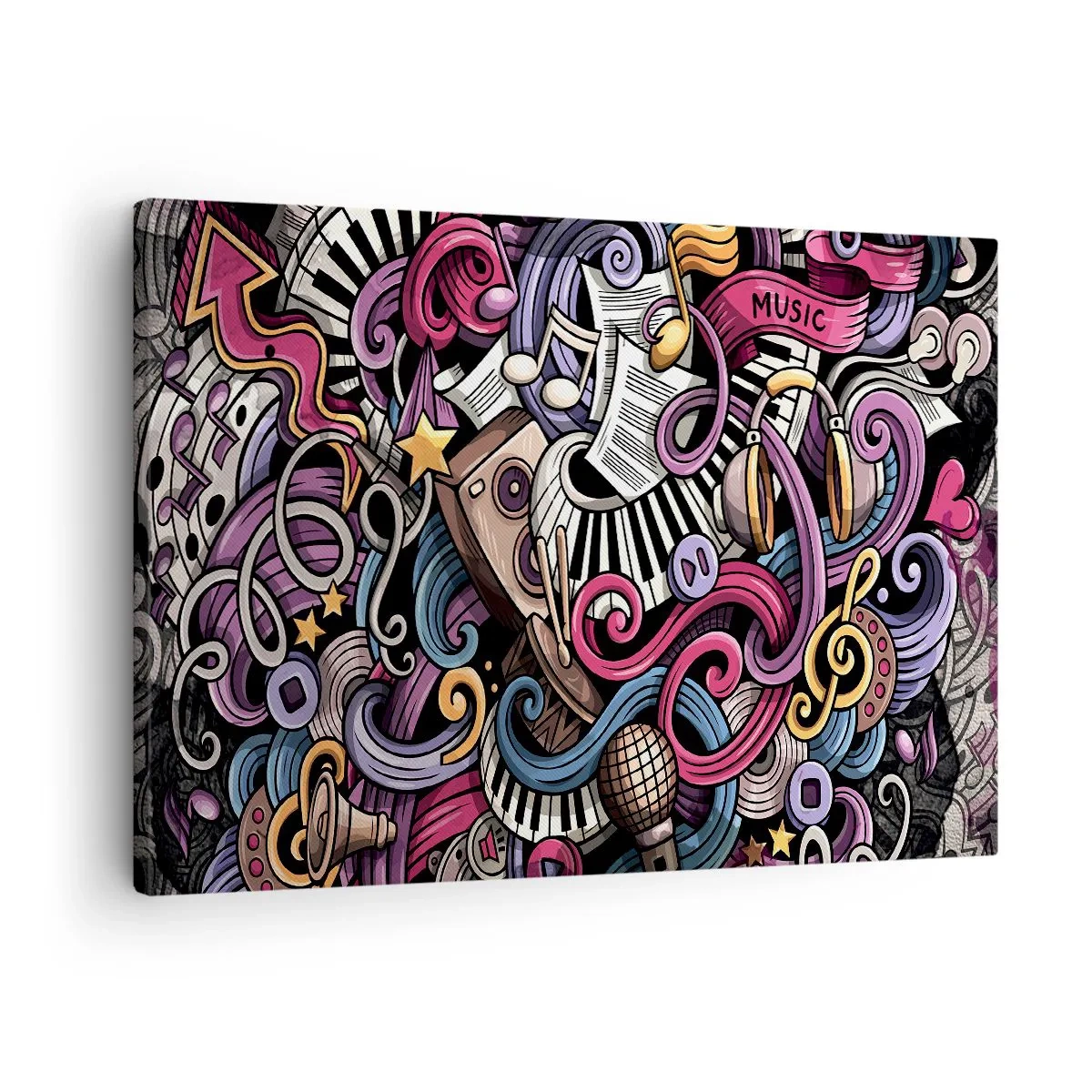Bild auf Leinwand - Leinwandbild - Eine musikalische Abstraktion voller farbenfroher Instrumente und Noten. - 70x50cm - Komplizierte Melodie - Moderne Wanddekoration für Wohnzimmer und Schlafzimmer ARTTOR