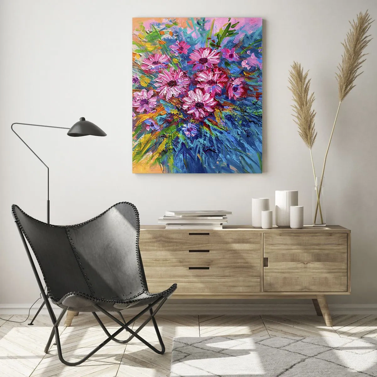 Glasbild - Bild auf glas - Ein Strauß rosa Blumen in einer kunstvollen, farbenfrohen Komposition - 50x70cm - Lebensenergie - Moderne Wanddekoration für Wohnzimmer und Schlafzimmer ARTTOR