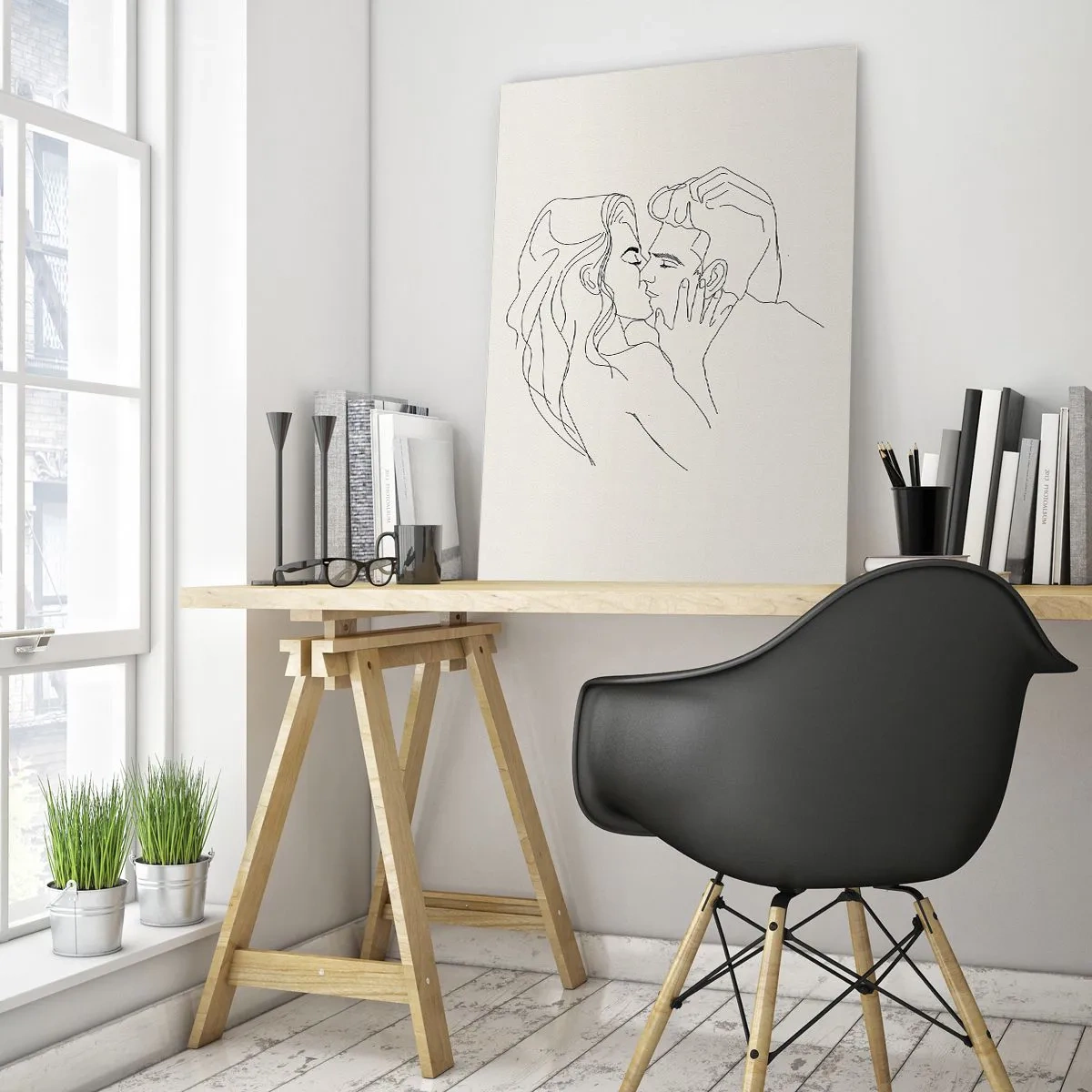 Glasbild - Bild auf glas - Eine minimalistische Illustration eines Paares in einer liebevollen Umarmung - 80x120cm - Verstrickt im Gefühl - Moderne Wanddekoration für Wohnzimmer und Schlafzimmer ARTTOR