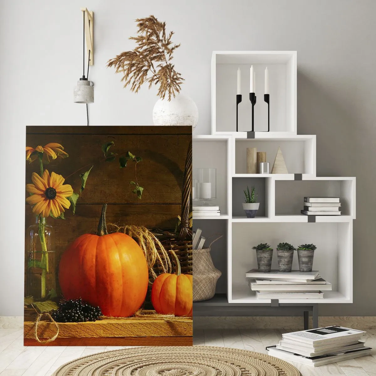 Glasbild - Bild auf glas - Herbstkomposition mit Kürbissen und Blumen auf Holzhintergrund - 70x100cm - Eine rustikale Komposition - Geschenke des Herbstes - Moderne Wanddekoration für Wohnzimmer und Schlafzimmer ARTTOR