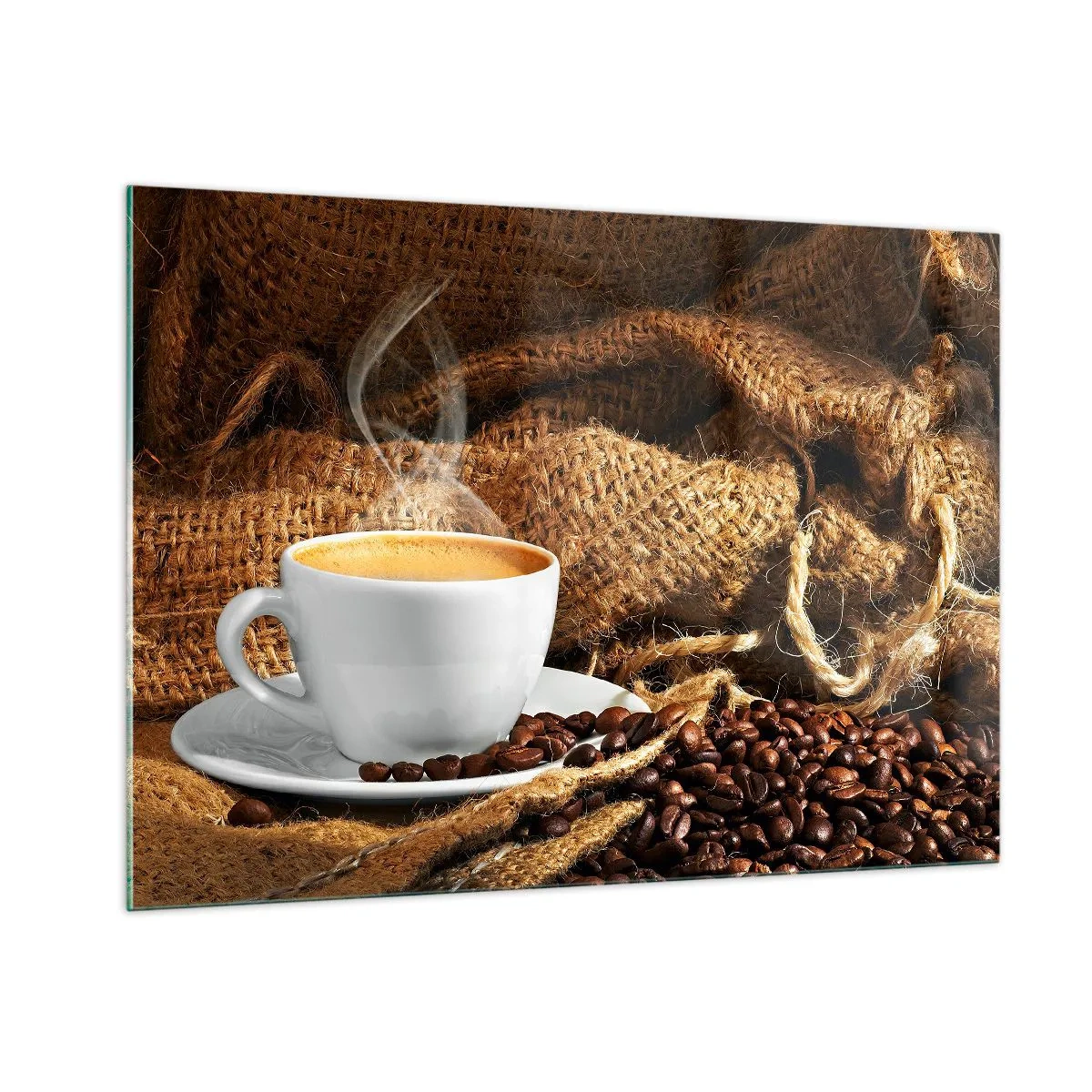 Glasbild - Bild auf glas - Eine Tasse Kaffee mit Bohnen auf einem Jute-Hintergrund - 100x70cm - Der Geruch von Mokka und die Dicke der Honigflüssigkeit - Moderne Wanddekoration für Wohnzimmer und Schlafzimmer ARTTOR