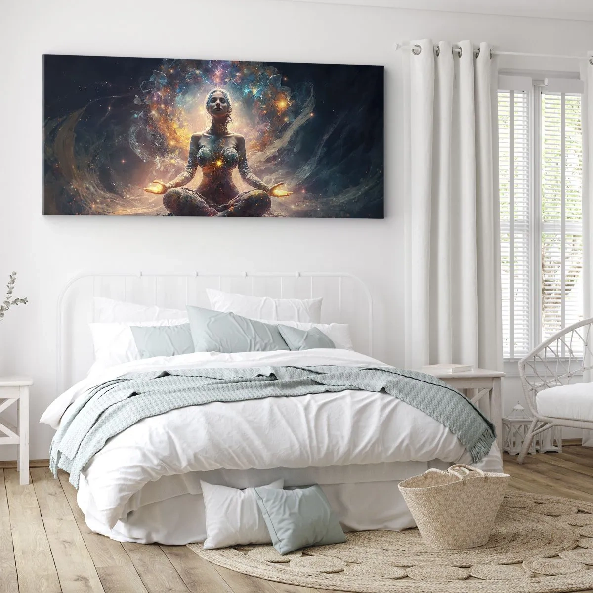 Bild auf Leinwand - Leinwandbild - Eine meditierende Figur, umgeben von energetischen Mustern und Farben. - 120x50cm - Fluss guter Energie - Moderne Wanddekoration für Wohnzimmer und Schlafzimmer ARTTOR