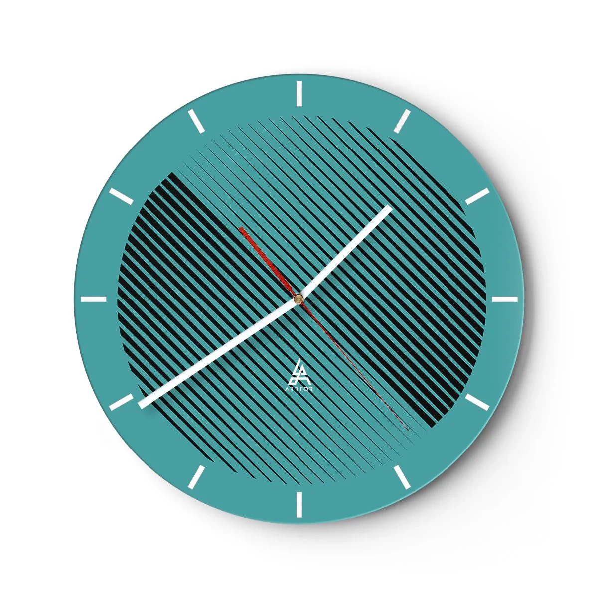 Wanduhr - Glasuhr - Türkisfarbener Hintergrund mit schwarzen diagonalen Linien in geometrischer Anordnung - 30x30cm - Kreis – eine geometrische Variante - Moderne Wanddekoration für Wohnzimmer, Küche und Schlafzimmer ARTTOR