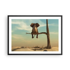 Poster in einem schwarzem Rahmen - Ein Elefant sitzt auf einem Ast und blickt auf eine Wüstenlandschaft - 70x50cm - Neuer Blickwinkel - Moderne Wanddekoration für Wohnzimmer und Schlafzimmer ARTTOR
