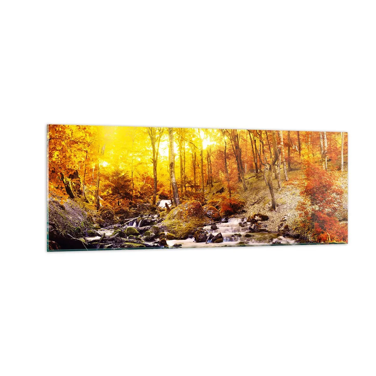 Glasbild - Bild auf glas - Herbstwald mit einem Bach zwischen goldenen Blättern - 140x50cm - In Gold und Platin gefasste Steine - Moderne Wanddekoration für Wohnzimmer und Schlafzimmer ARTTOR