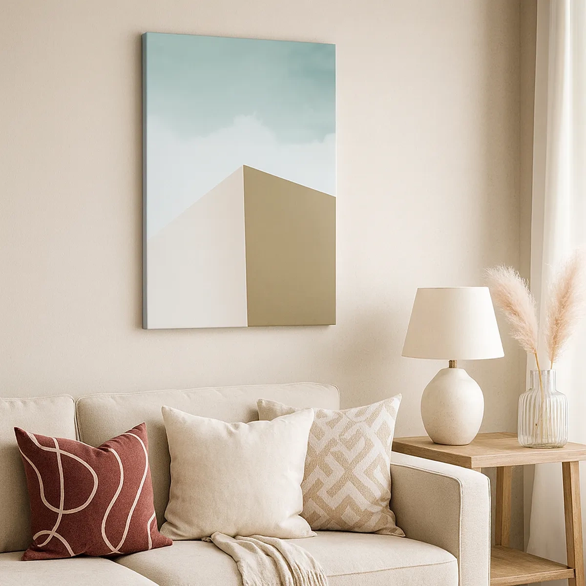 Bild auf Leinwand - Leinwandbild - Minimalistische Architektur mit pastellfarbenen Blöcken und Himmel - 50x70cm - Geometrie des sonnigen Sommers - Moderne Wanddekoration für Wohnzimmer und Schlafzimmer ARTTOR