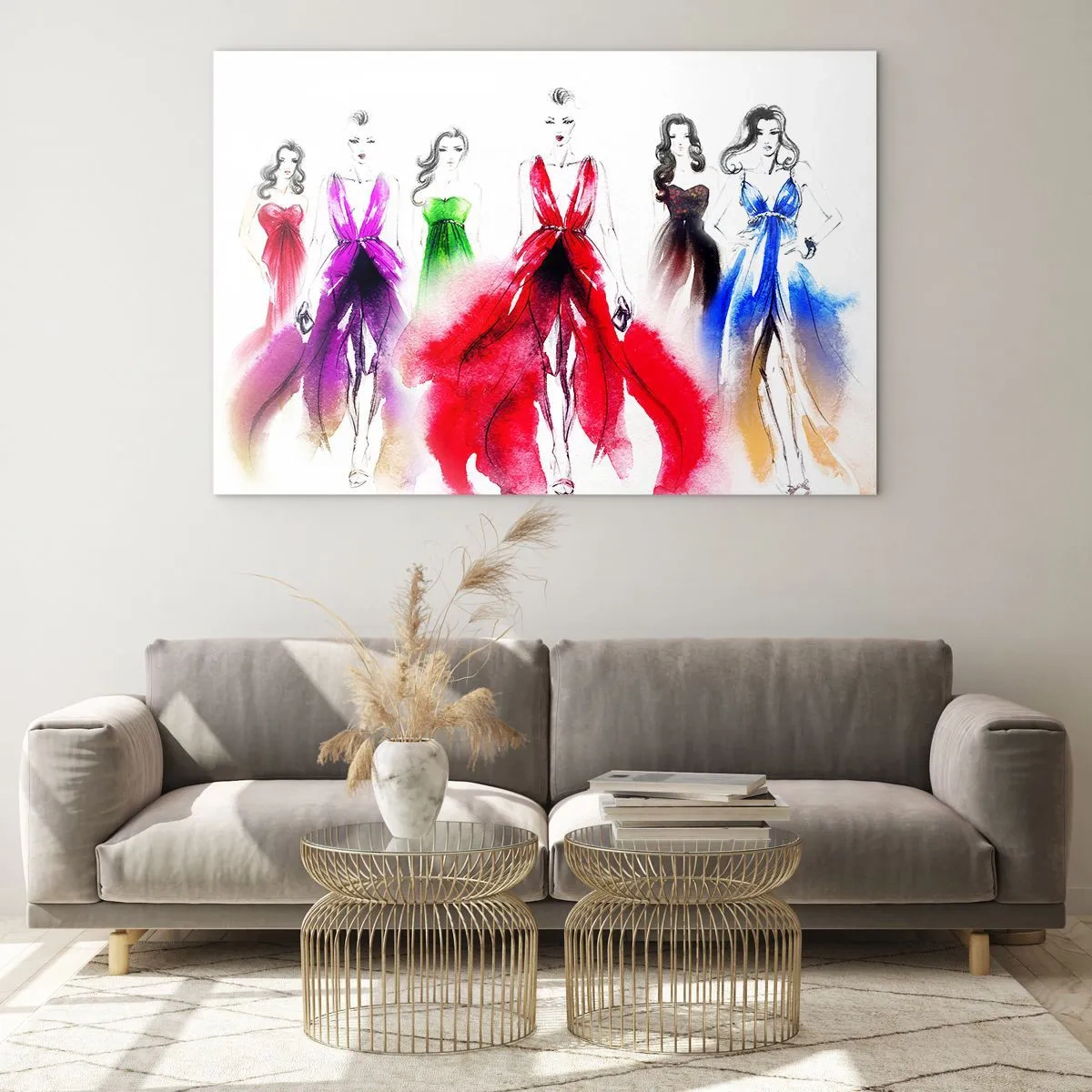 Glasbild - Bild auf glas - Skizze von Frauen in bunten Abendkleidern - 70x50cm - Stimmungen für Kostüme - Moderne Wanddekoration für Wohnzimmer und Schlafzimmer ARTTOR