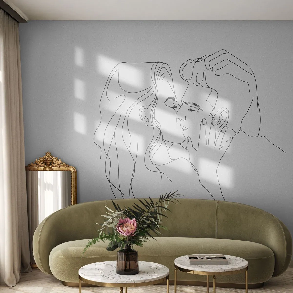 Fototapete Premium Sand - Eine minimalistische Zeichnung eines verliebten Paares mit einer durchgehenden Linie. - 100x70cm - Dieselbe Linie - Moderne Wanddekoration für Wohnzimmer und Schlafzimmer ARTTOR