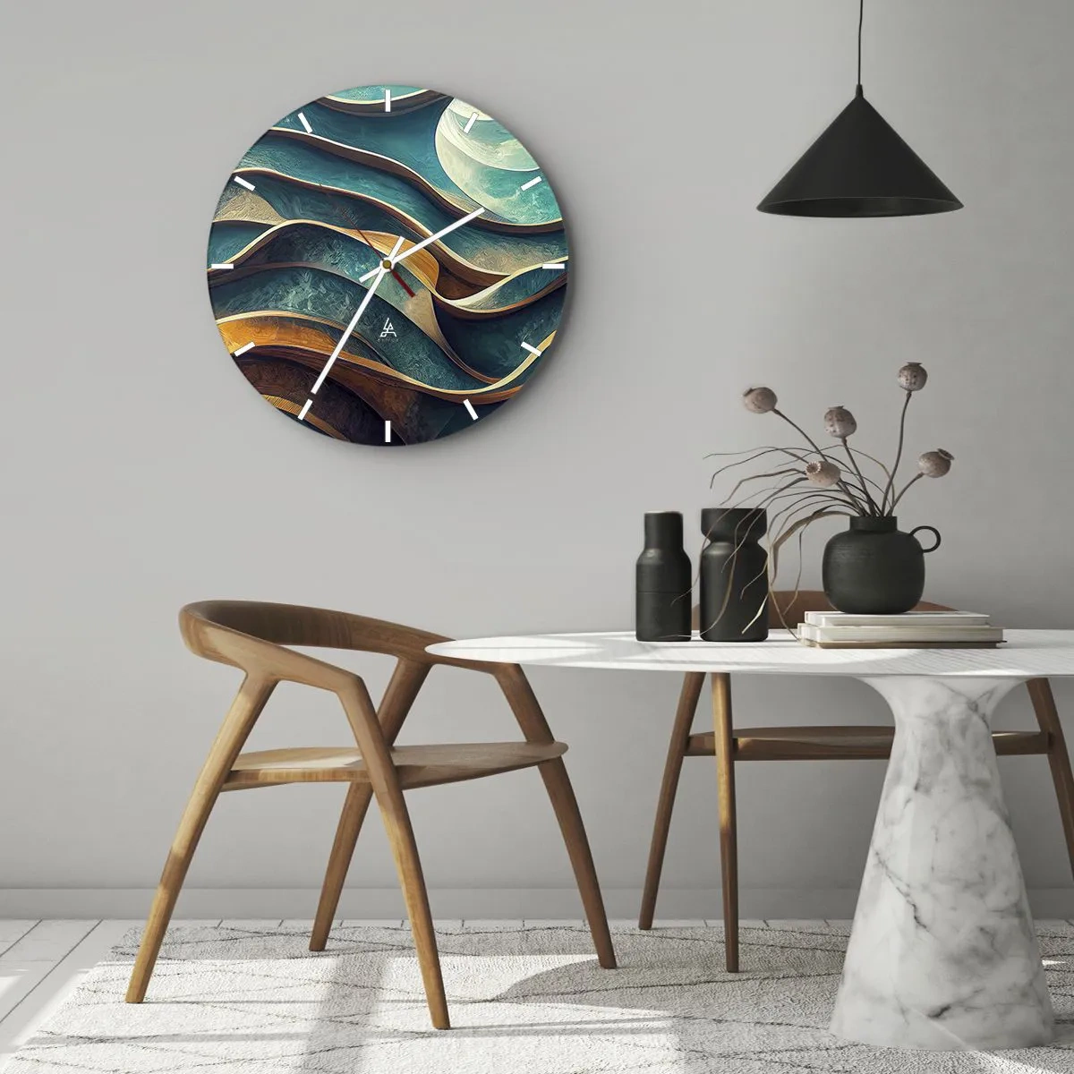 Wanduhr - Glasuhr - Abstrakte Wellen in Blau und Braun mit 3D-Effekt - 30x30cm - Blaue Mäander - Moderne Wanddekoration für Wohnzimmer, Küche und Schlafzimmer ARTTOR