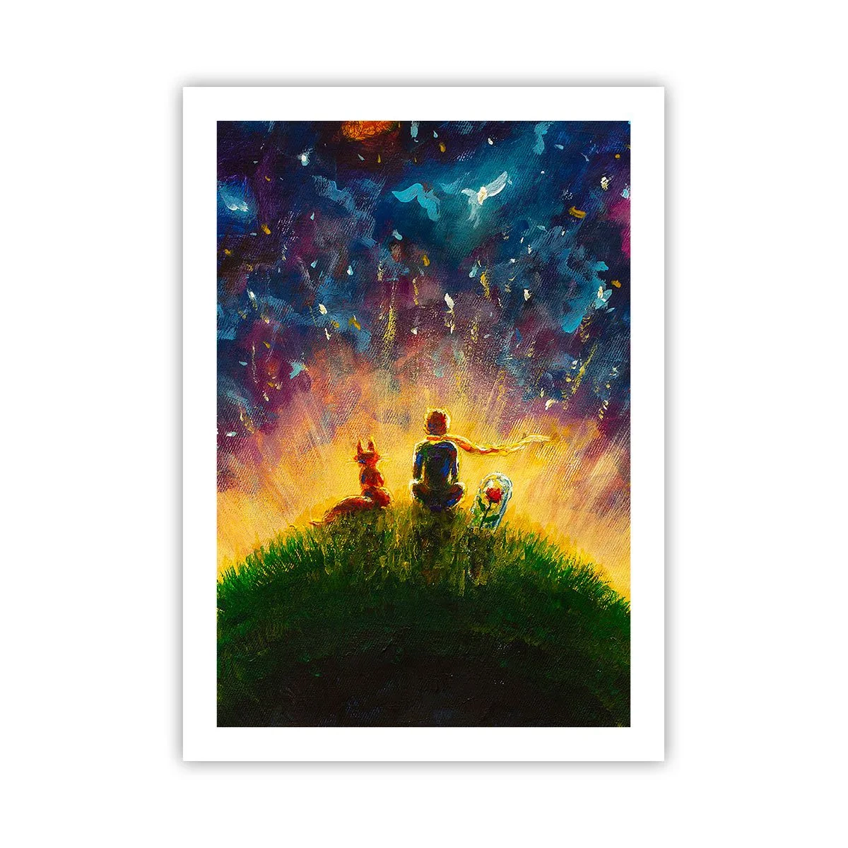 Poster - Figuren sitzen auf einem Hügel unter einem Sternenhimmel - 50x70cm - Liebe und Freundschaft - die ganze Welt - Moderne Wanddekoration für Wohnzimmer und Schlafzimmer ARTTOR