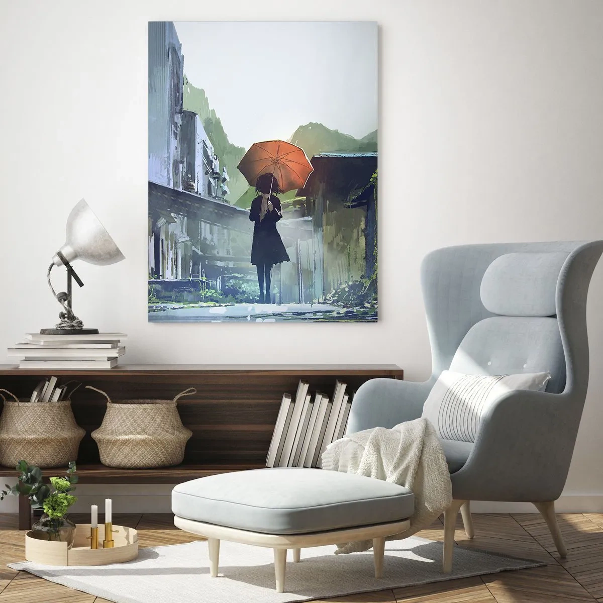 Glasbild - Bild auf glas - Eine Figur mit einem Regenschirm in einer verregneten Stadt - 80x120cm - Belebender Regen - Moderne Wanddekoration für Wohnzimmer und Schlafzimmer ARTTOR