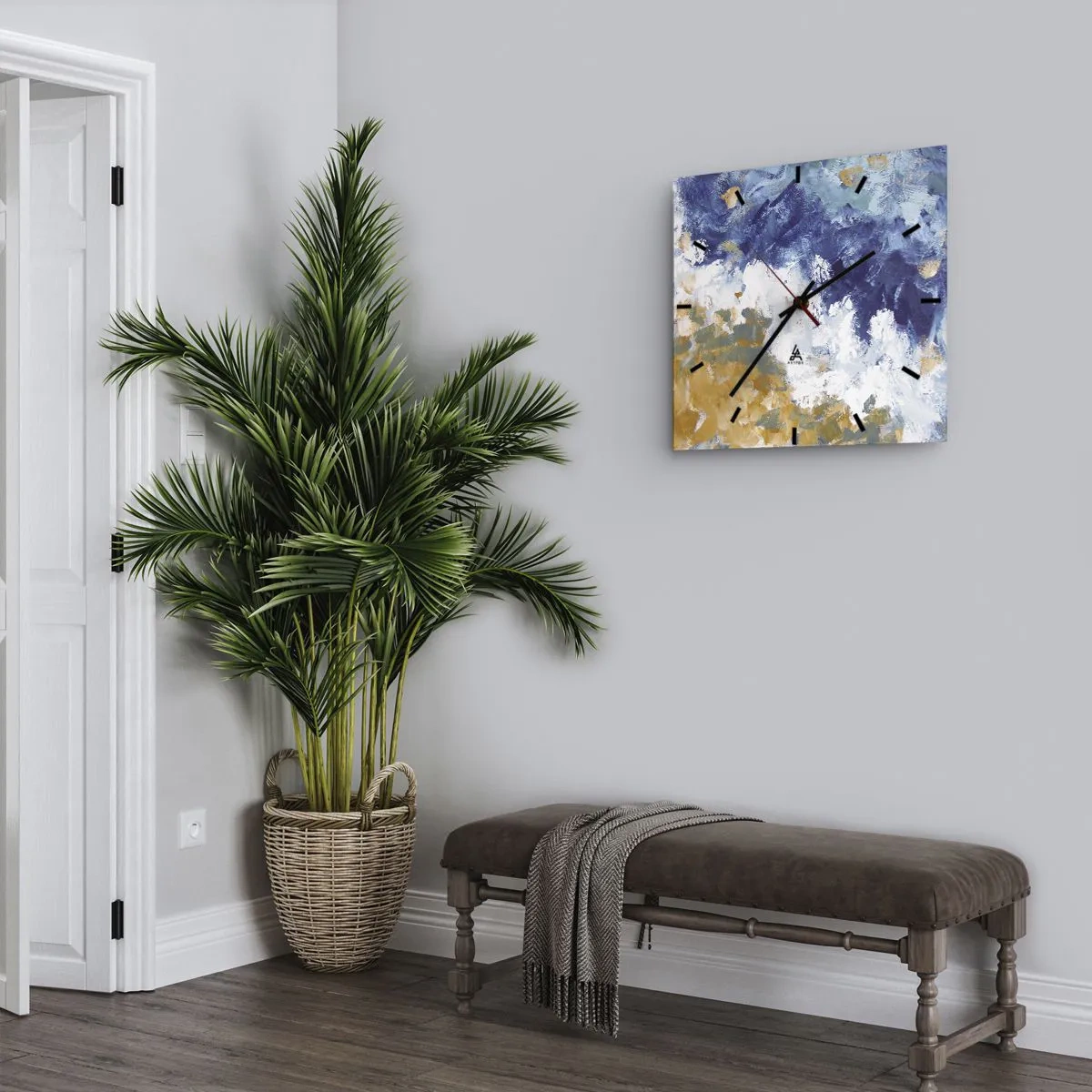 Wanduhr - Glasuhr - Abstraktion in Blau-, Weiß- und Goldtönen - 30x30cm - Tanz der Naturelemente - Moderne Wanddekoration für Wohnzimmer und Schlafzimmer ARTTOR