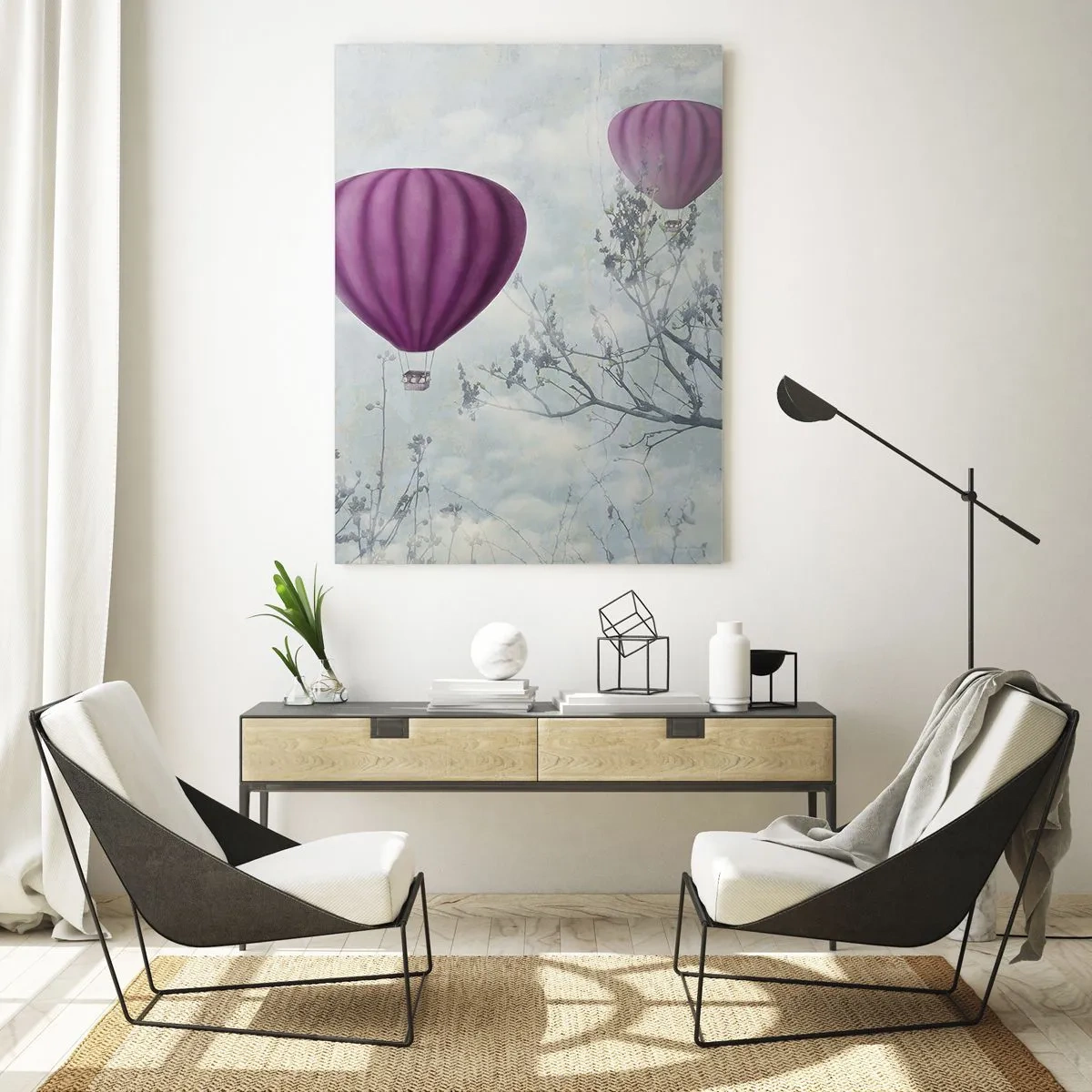 Glasbild - Bild auf glas - Lila Ballons schweben über den Bäumen in den Wolken - 70x100cm - Wie Schiffe am Himmel - Moderne Wanddekoration für Wohnzimmer und Schlafzimmer ARTTOR