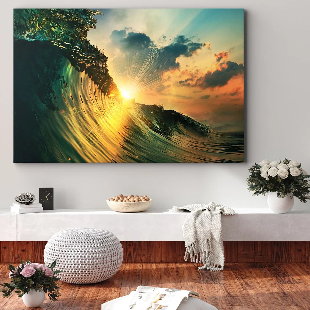 Bild auf Leinwand - Leinwandbild - Eine Welle mit untergehender Sonne und beleuchteten Wolken - 70x50cm - Surfer, wo bist du? - Moderne Wanddekoration für Wohnzimmer und Schlafzimmer ARTTOR