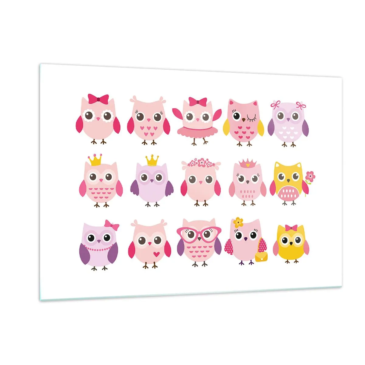 Glasbild - Bild auf glas - Bunte Eulen in verschiedenen Mustern auf weißem Hintergrund - 120x80cm - Einer ist süßer als der andere - Moderne Wanddekoration für Wohnzimmer und Schlafzimmer ARTTOR