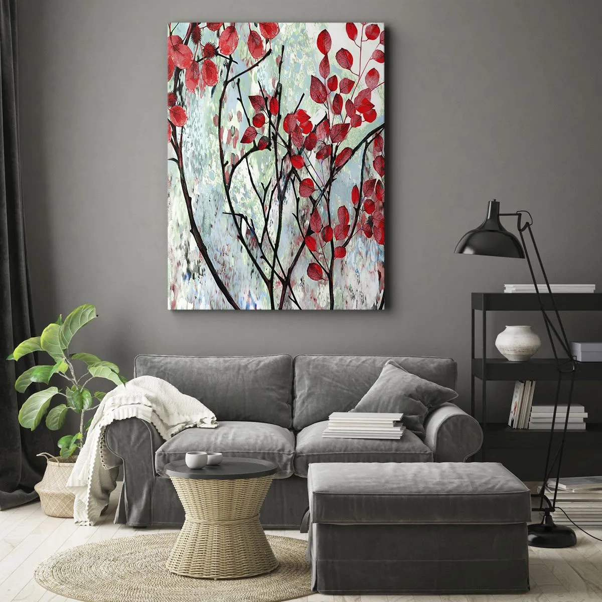 Bild auf Leinwand - Leinwandbild - Rote Blätter vor einem hellen Himmel mit abstrakten Mustern - 70x100cm - Baum in Scharlachrot - Moderne Wanddekoration für Wohnzimmer und Schlafzimmer ARTTOR