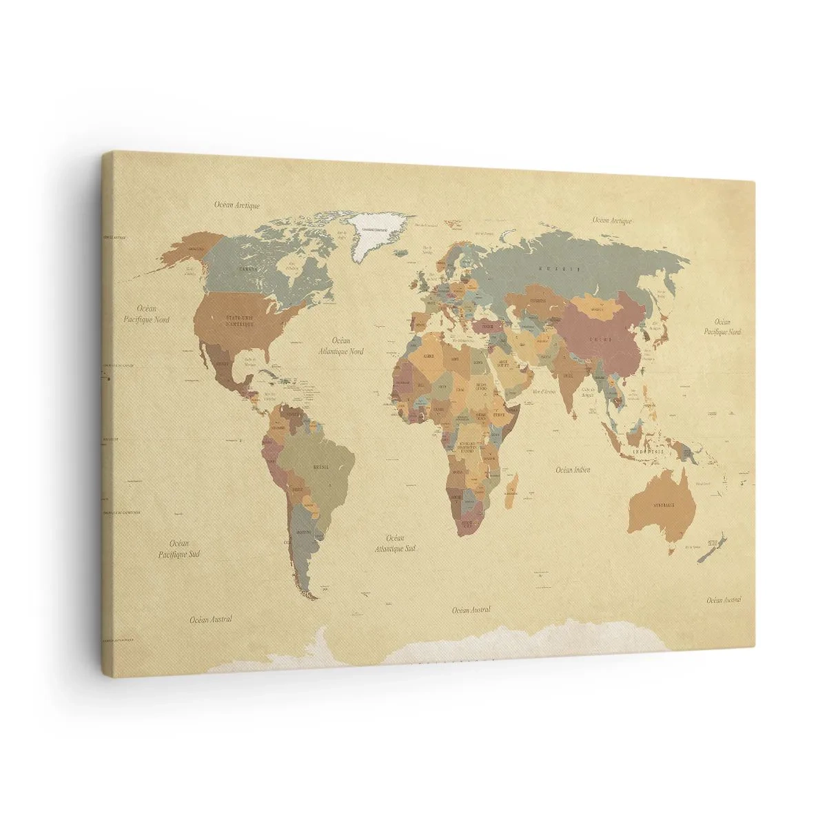 Bild auf Leinwand - Leinwandbild - Eine stilisierte Weltkarte in Beige- und Pastelltönen. - 70x50cm - Für dich - die ganze Welt - Moderne Wanddekoration für Wohnzimmer und Schlafzimmer ARTTOR