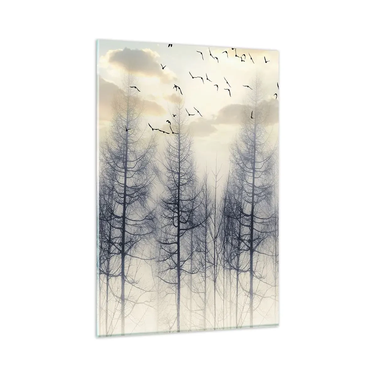 Glasbild - Bild auf glas - Nebliger Wald mit Vögeln vor dem Sonnenuntergangshimmel - 80x120cm - Waldgeister - Moderne Wanddekoration für Wohnzimmer und Schlafzimmer ARTTOR