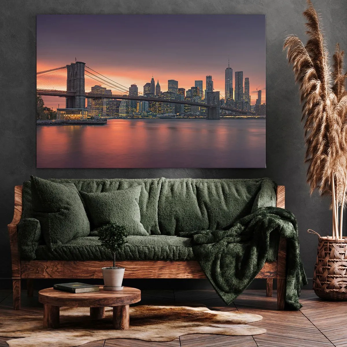 Bild auf Leinwand - Leinwandbild - Nachtpanorama der Stadt mit einer Brücke und einem beleuchteten Himmel - 120x80cm - Eingetaucht in lila Stille - Moderne Wanddekoration für Wohnzimmer und Schlafzimmer ARTTOR